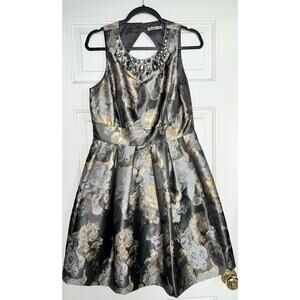 Eliza J Fit & Flare Dress Jacquard Metallic Gold/Silver/Black - size 10 - OD